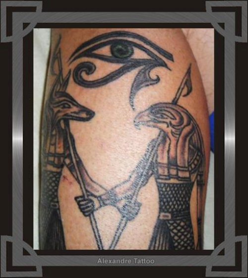 Grey Ink Horus Eye Tattoo On Arm